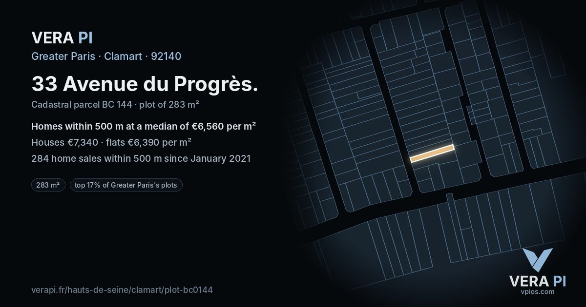 33 Avenue du Progrès, Clamart at night – the plot lit, the parcels around coloured by the prices near them