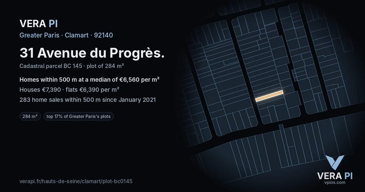31 Avenue du Progrès, Clamart at night – the plot lit, the parcels around coloured by the prices near them