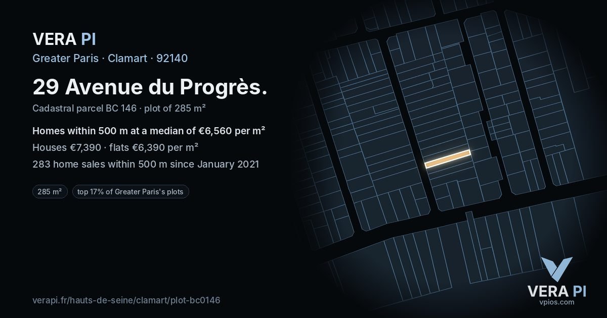 29 Avenue du Progrès, Clamart at night – the plot lit, the parcels around coloured by the prices near them