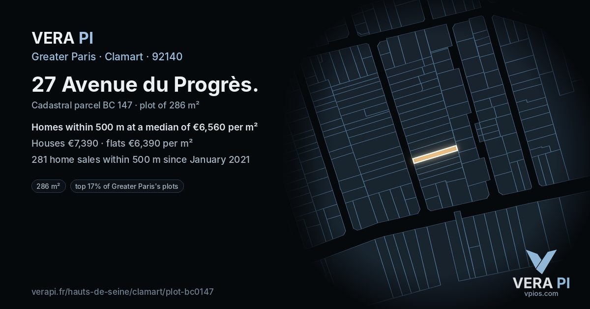 27 Avenue du Progrès, Clamart at night – the plot lit, the parcels around coloured by the prices near them