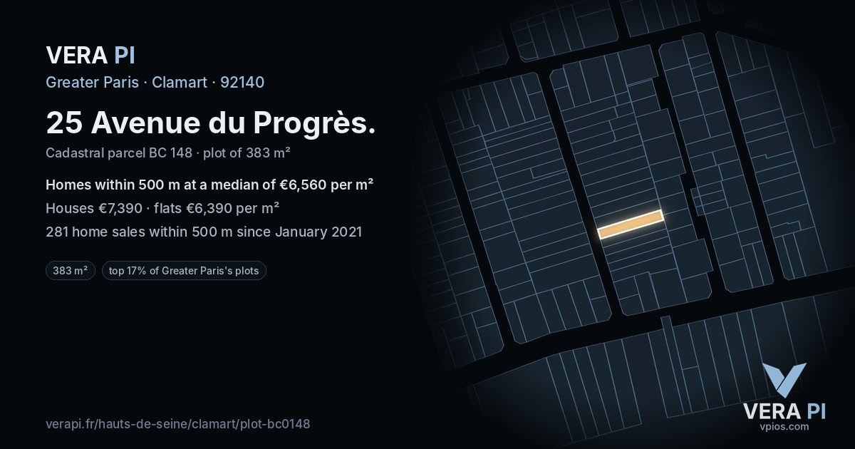 25 Avenue du Progrès, Clamart at night – the plot lit, the parcels around coloured by the prices near them
