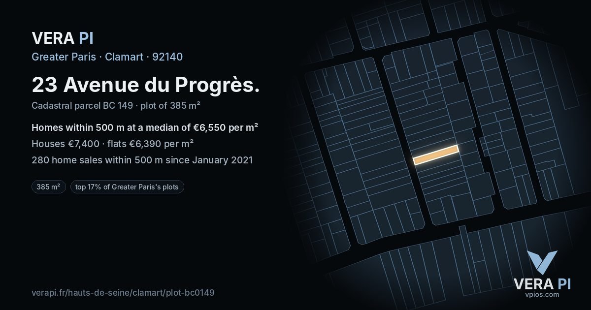 23 Avenue du Progrès, Clamart at night – the plot lit, the parcels around coloured by the prices near them