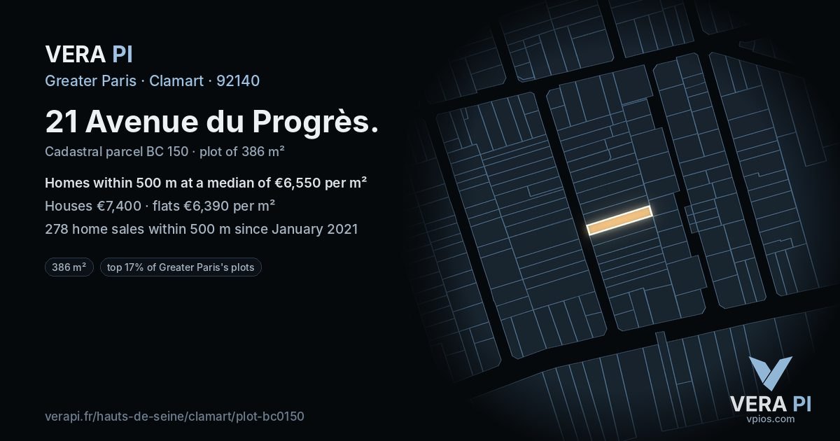 21 Avenue du Progrès, Clamart at night – the plot lit, the parcels around coloured by the prices near them