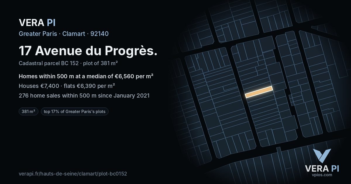 17 Avenue du Progrès, Clamart at night – the plot lit, the parcels around coloured by the prices near them