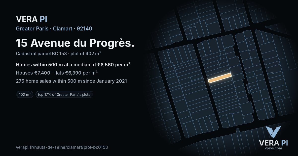 15 Avenue du Progrès, Clamart at night – the plot lit, the parcels around coloured by the prices near them