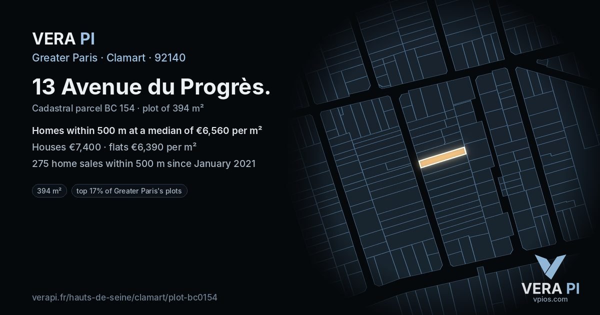 13 Avenue du Progrès, Clamart at night – the plot lit, the parcels around coloured by the prices near them