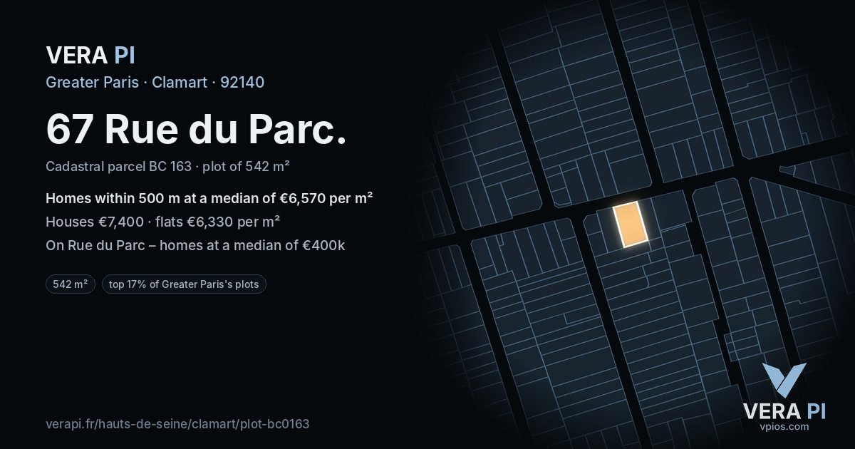 67 Rue du Parc, Clamart at night – the plot lit, the parcels around coloured by the prices near them