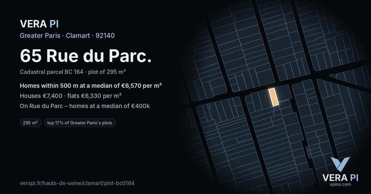 65 Rue du Parc, Clamart at night – the plot lit, the parcels around coloured by the prices near them