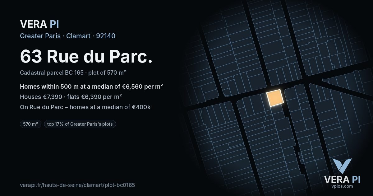 63 Rue du Parc, Clamart at night – the plot lit, the parcels around coloured by the prices near them