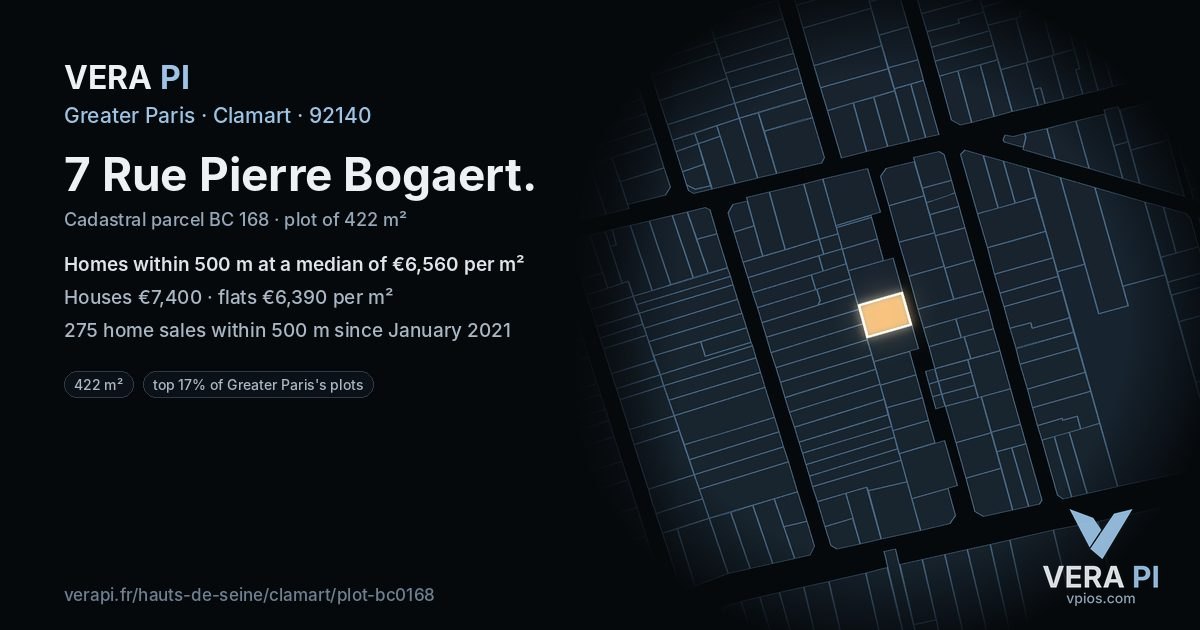 7 Rue Pierre Bogaert, Clamart at night – the plot lit, the parcels around coloured by the prices near them
