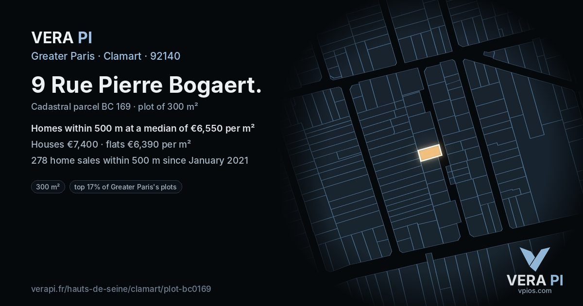 9 Rue Pierre Bogaert, Clamart at night – the plot lit, the parcels around coloured by the prices near them