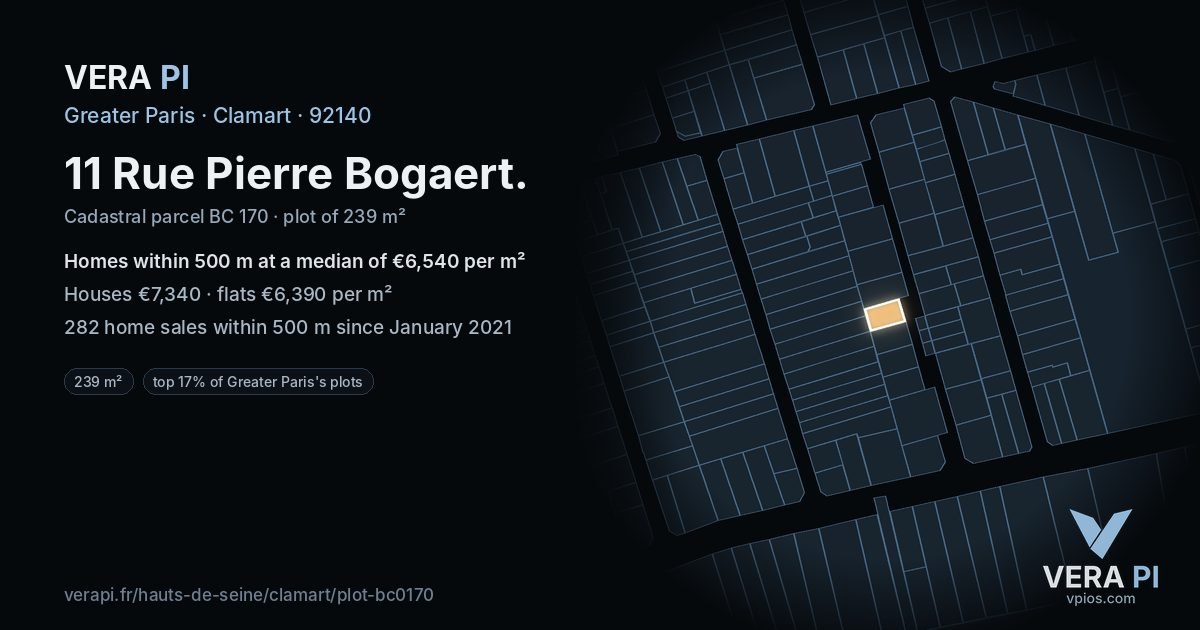 11 Rue Pierre Bogaert, Clamart at night – the plot lit, the parcels around coloured by the prices near them