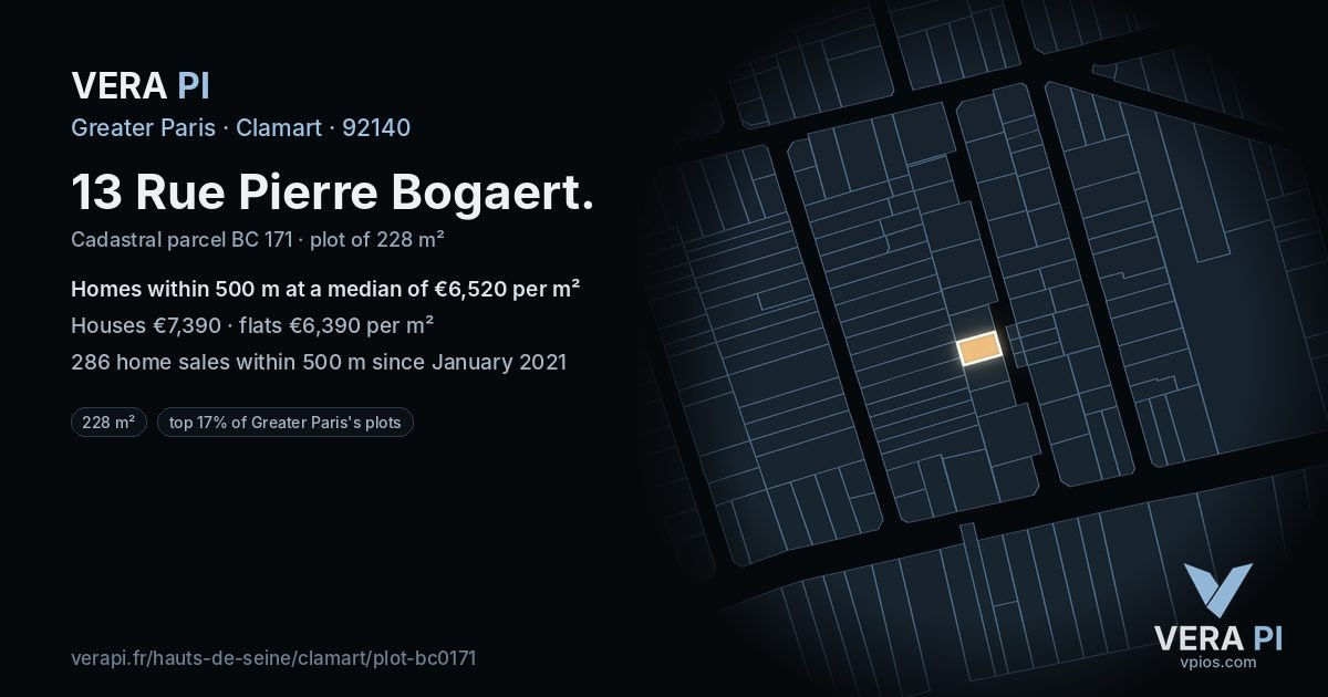 13 Rue Pierre Bogaert, Clamart at night – the plot lit, the parcels around coloured by the prices near them