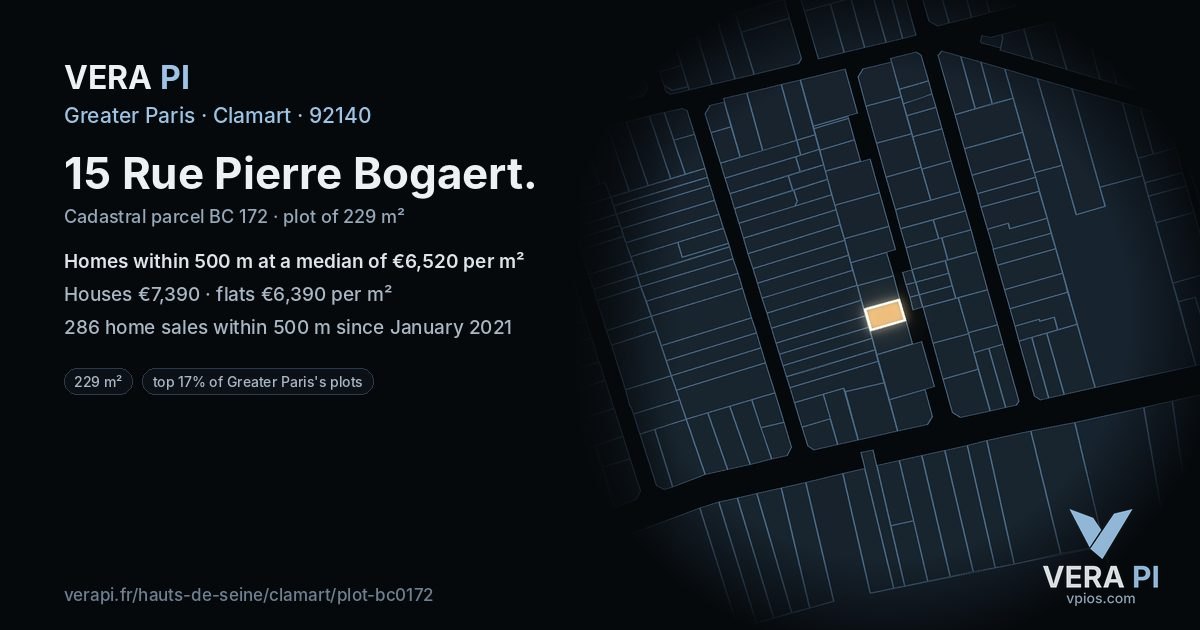 15 Rue Pierre Bogaert, Clamart at night – the plot lit, the parcels around coloured by the prices near them