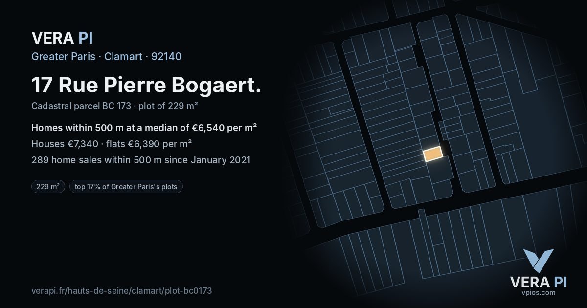 17 Rue Pierre Bogaert, Clamart at night – the plot lit, the parcels around coloured by the prices near them