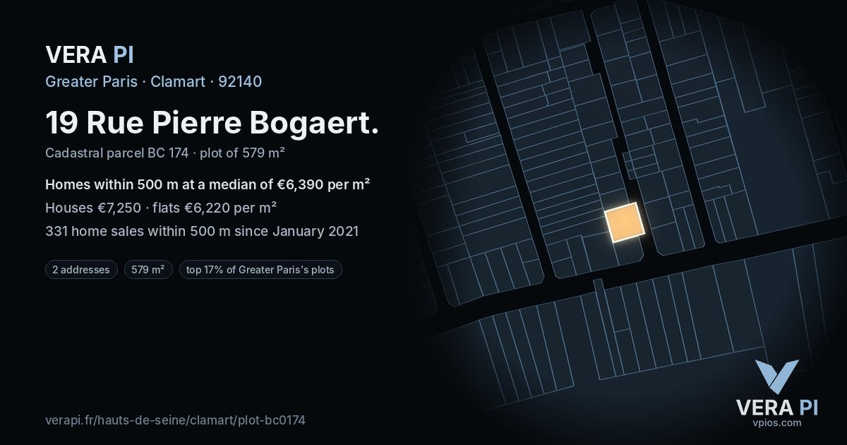 19 Rue Pierre Bogaert, Clamart at night – the plot lit, the parcels around coloured by the prices near them