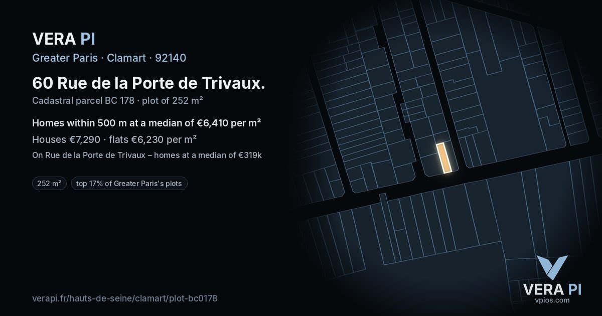 60 Rue de la Porte de Trivaux, Clamart at night – the plot lit, the parcels around coloured by the prices near them