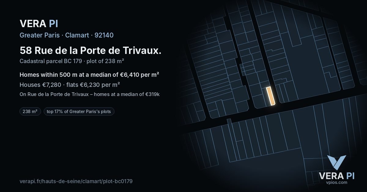 58 Rue de la Porte de Trivaux, Clamart at night – the plot lit, the parcels around coloured by the prices near them