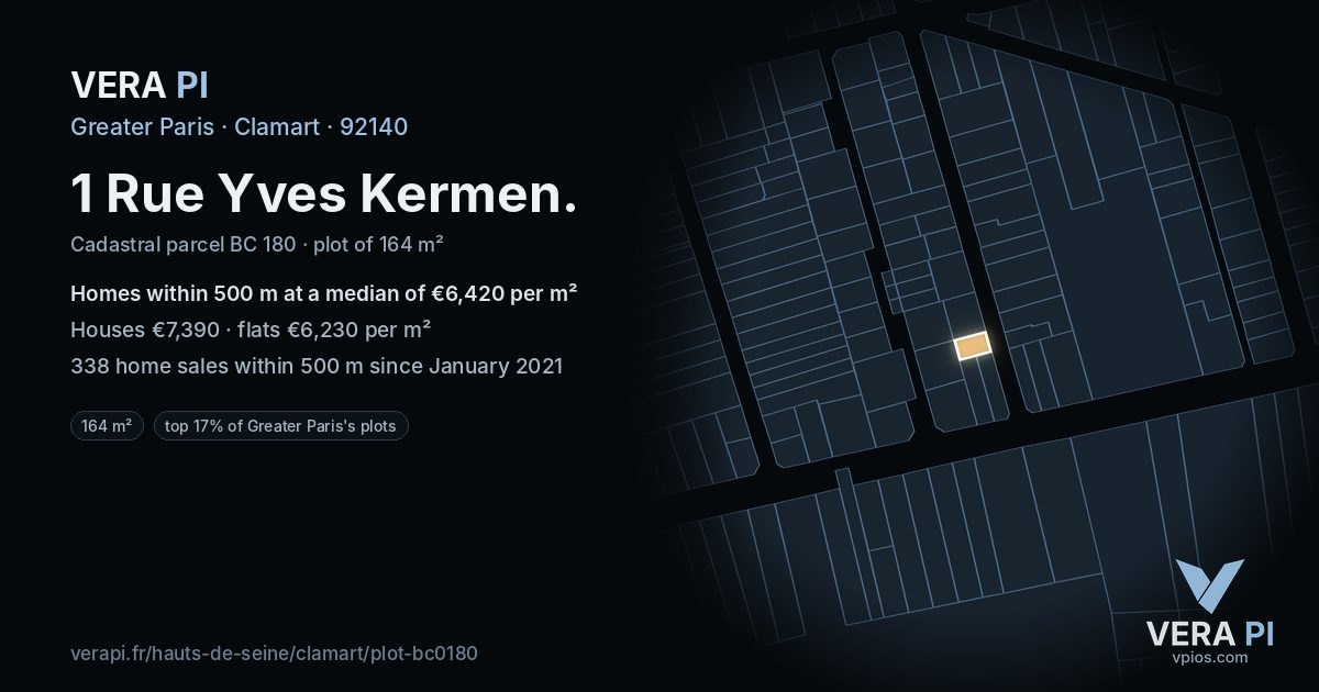 1 Rue Yves Kermen, Clamart at night – the plot lit, the parcels around coloured by the prices near them