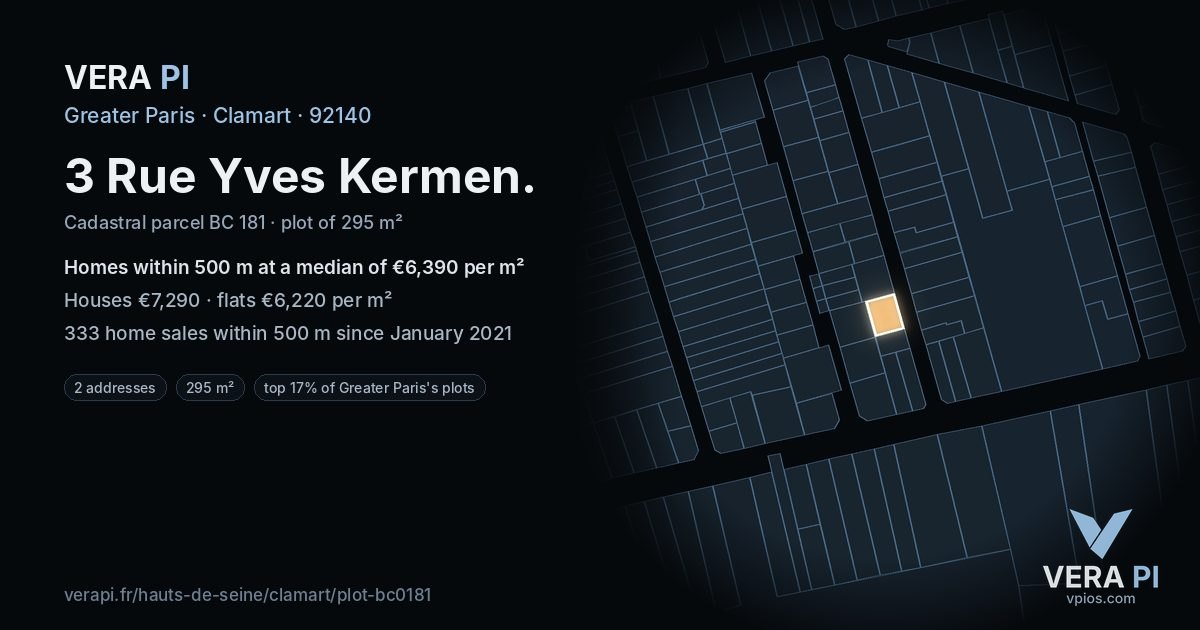 3 Rue Yves Kermen, Clamart at night – the plot lit, the parcels around coloured by the prices near them
