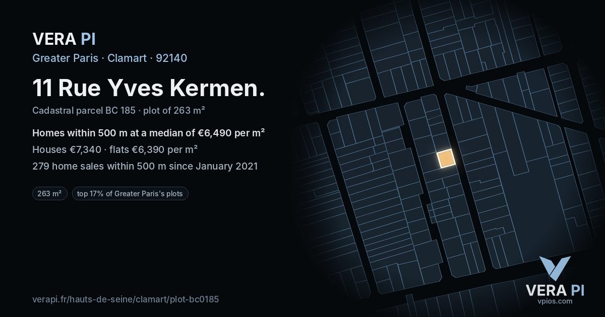 11 Rue Yves Kermen, Clamart at night – the plot lit, the parcels around coloured by the prices near them