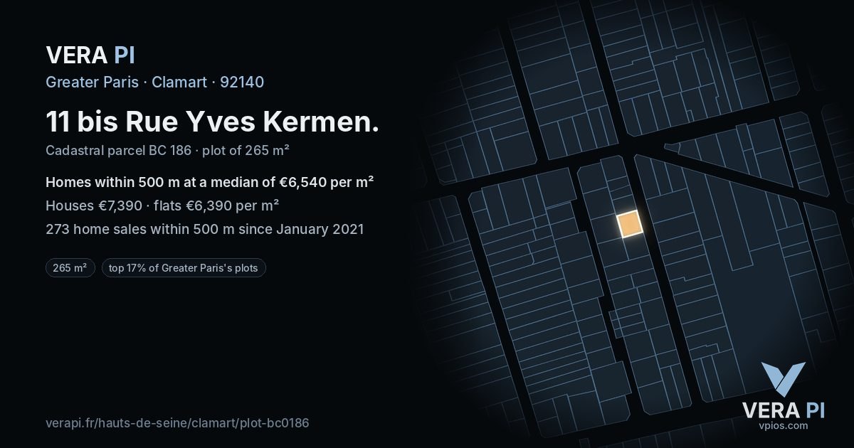 11 bis Rue Yves Kermen, Clamart at night – the plot lit, the parcels around coloured by the prices near them