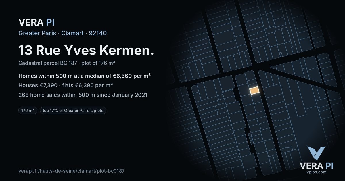 13 Rue Yves Kermen, Clamart at night – the plot lit, the parcels around coloured by the prices near them