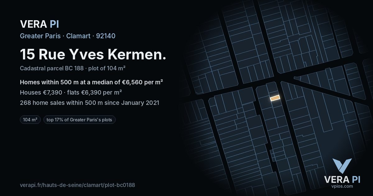 15 Rue Yves Kermen, Clamart at night – the plot lit, the parcels around coloured by the prices near them