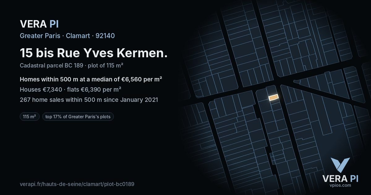 15 bis Rue Yves Kermen, Clamart at night – the plot lit, the parcels around coloured by the prices near them
