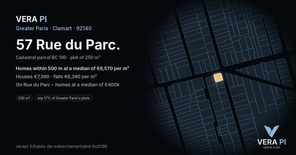 57 Rue du Parc, Clamart at night – the plot lit, the parcels around coloured by the prices near them