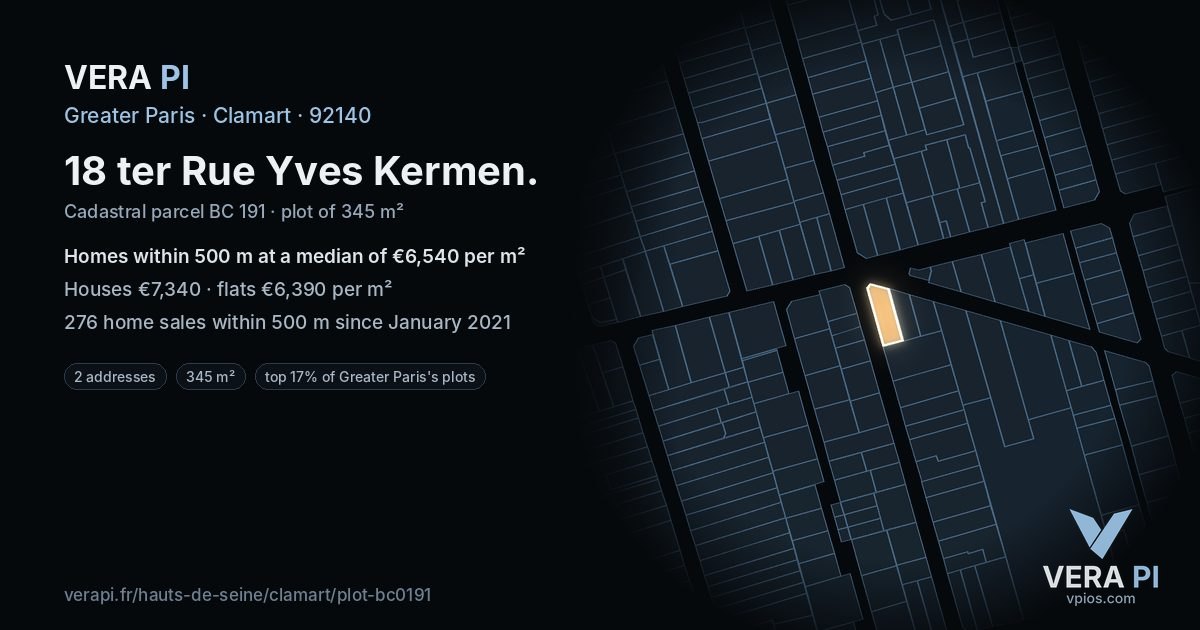18 ter Rue Yves Kermen, Clamart at night – the plot lit, the parcels around coloured by the prices near them