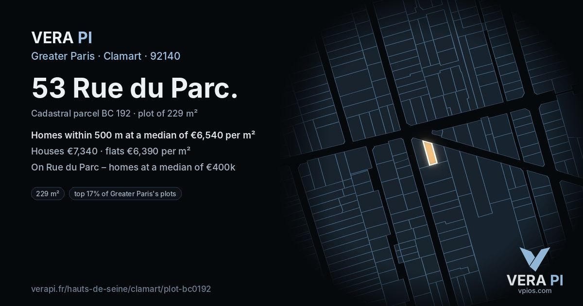 53 Rue du Parc, Clamart at night – the plot lit, the parcels around coloured by the prices near them
