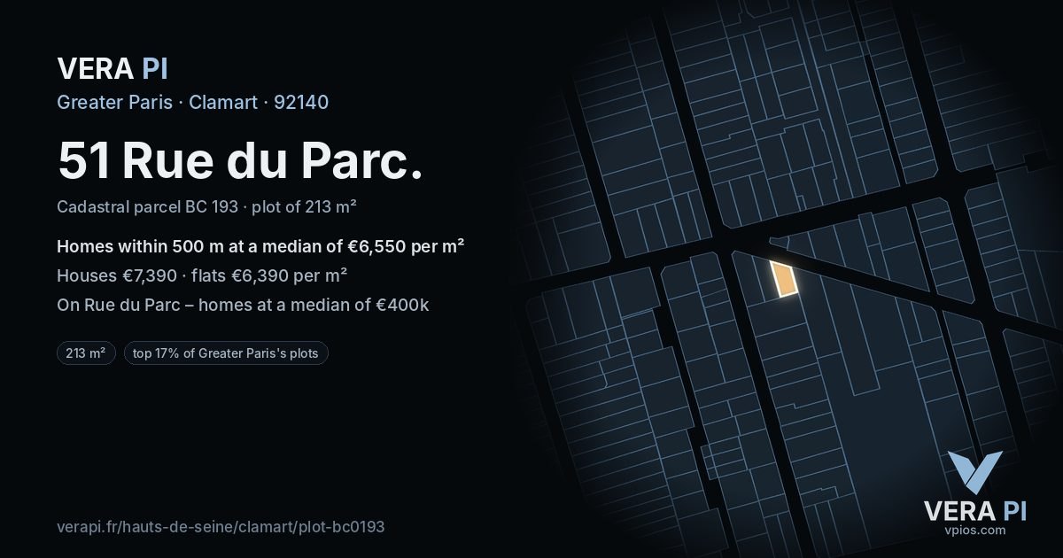 51 Rue du Parc, Clamart at night – the plot lit, the parcels around coloured by the prices near them