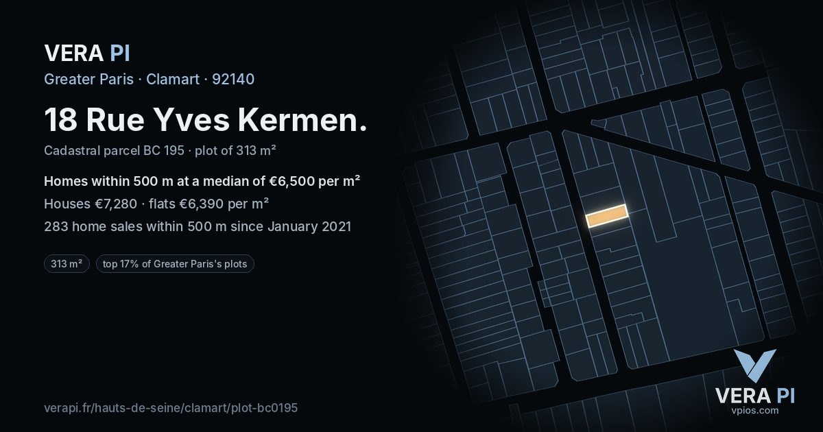 18 Rue Yves Kermen, Clamart at night – the plot lit, the parcels around coloured by the prices near them