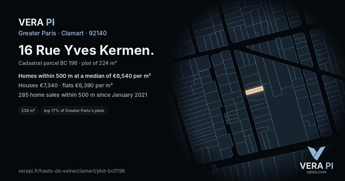 16 Rue Yves Kermen, Clamart at night – the plot lit, the parcels around coloured by the prices near them