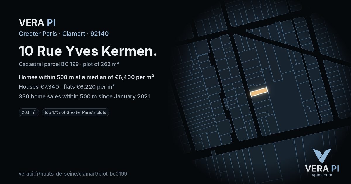 10 Rue Yves Kermen, Clamart at night – the plot lit, the parcels around coloured by the prices near them