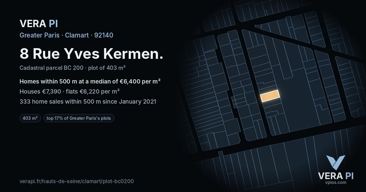 8 Rue Yves Kermen, Clamart at night – the plot lit, the parcels around coloured by the prices near them