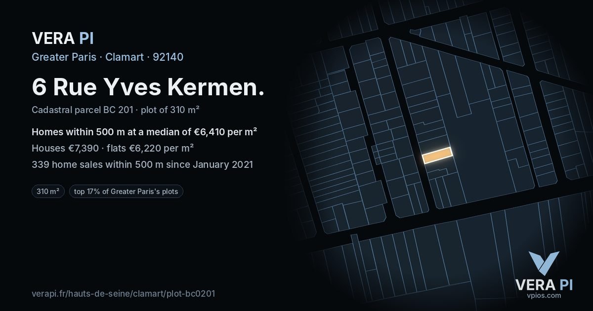 6 Rue Yves Kermen, Clamart at night – the plot lit, the parcels around coloured by the prices near them