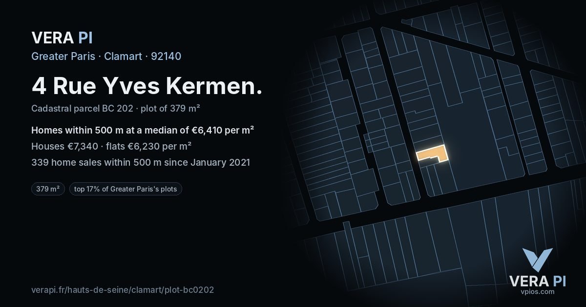 4 Rue Yves Kermen, Clamart at night – the plot lit, the parcels around coloured by the prices near them