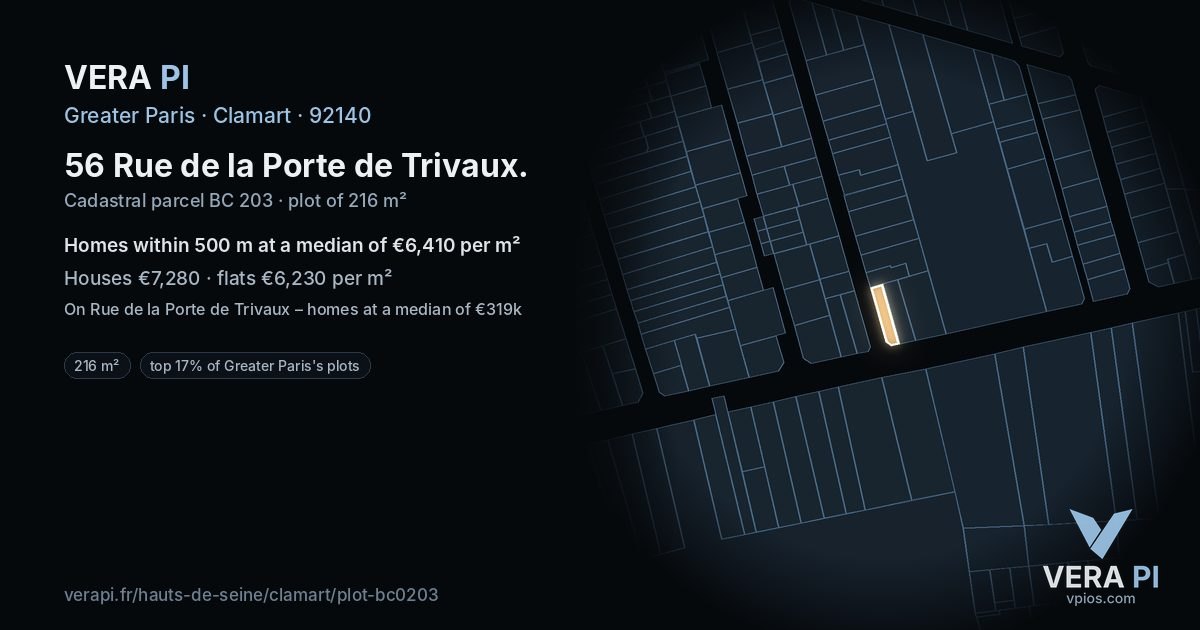 56 Rue de la Porte de Trivaux, Clamart at night – the plot lit, the parcels around coloured by the prices near them
