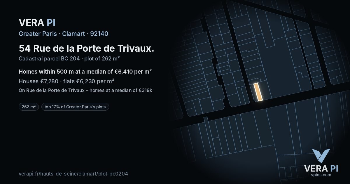 54 Rue de la Porte de Trivaux, Clamart at night – the plot lit, the parcels around coloured by the prices near them