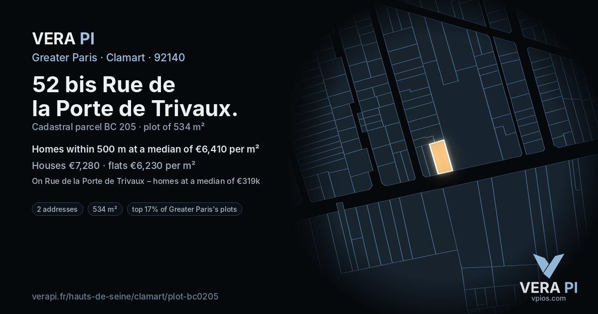 52 bis Rue de la Porte de Trivaux, Clamart at night – the plot lit, the parcels around coloured by the prices near them
