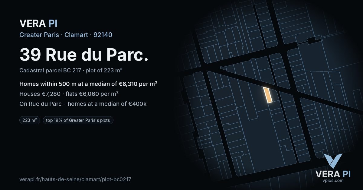 39 Rue du Parc, Clamart at night – the plot lit, the parcels around coloured by the prices near them