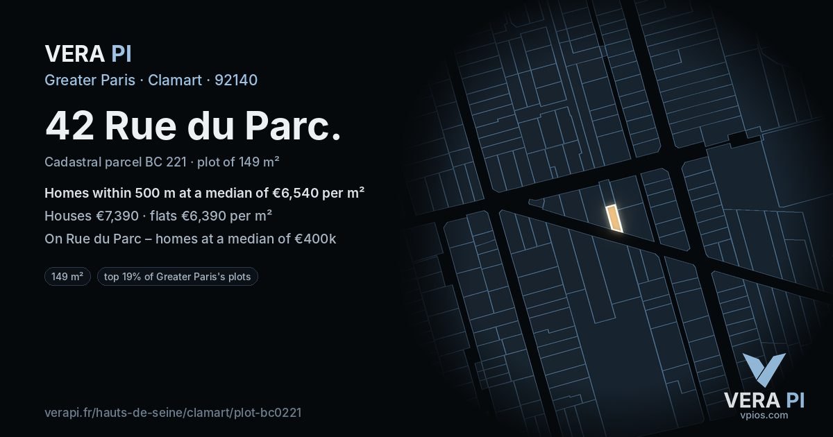 42 Rue du Parc, Clamart at night – the plot lit, the parcels around coloured by the prices near them