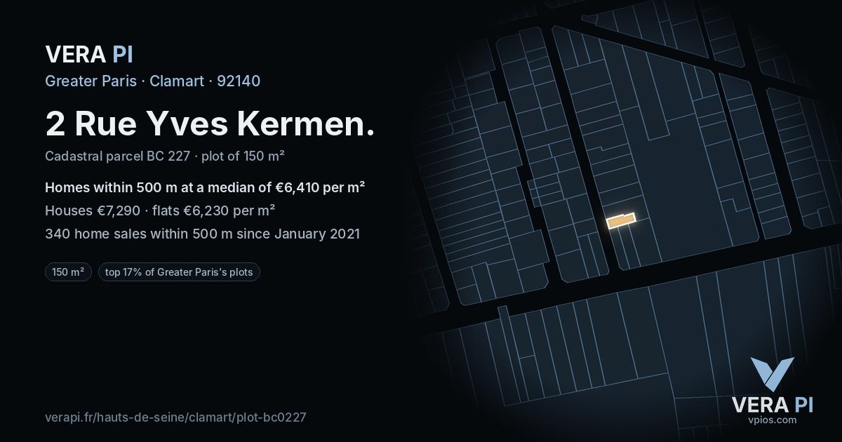 2 Rue Yves Kermen, Clamart at night – the plot lit, the parcels around coloured by the prices near them