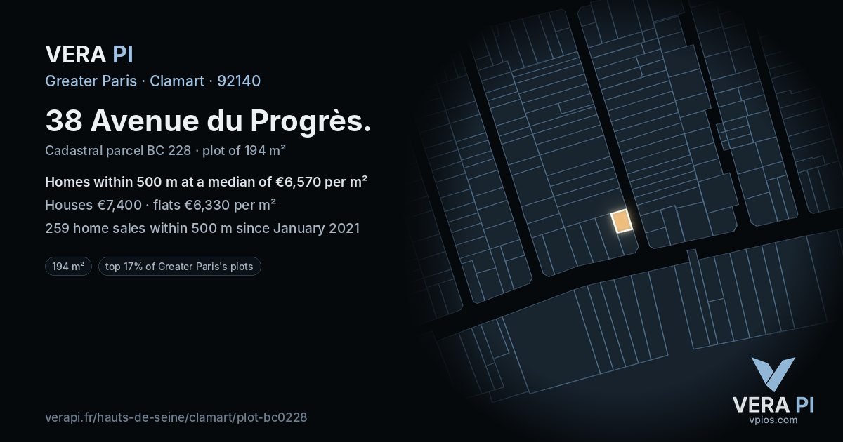 38 Avenue du Progrès, Clamart at night – the plot lit, the parcels around coloured by the prices near them