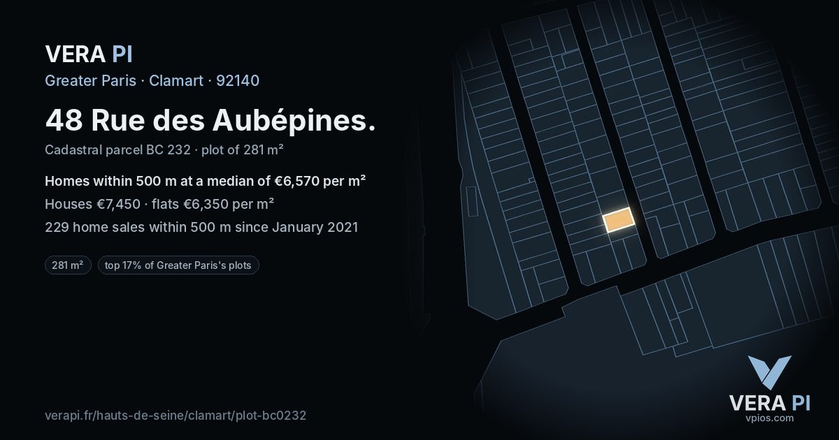 48 Rue des Aubépines, Clamart at night – the plot lit, the parcels around coloured by the prices near them
