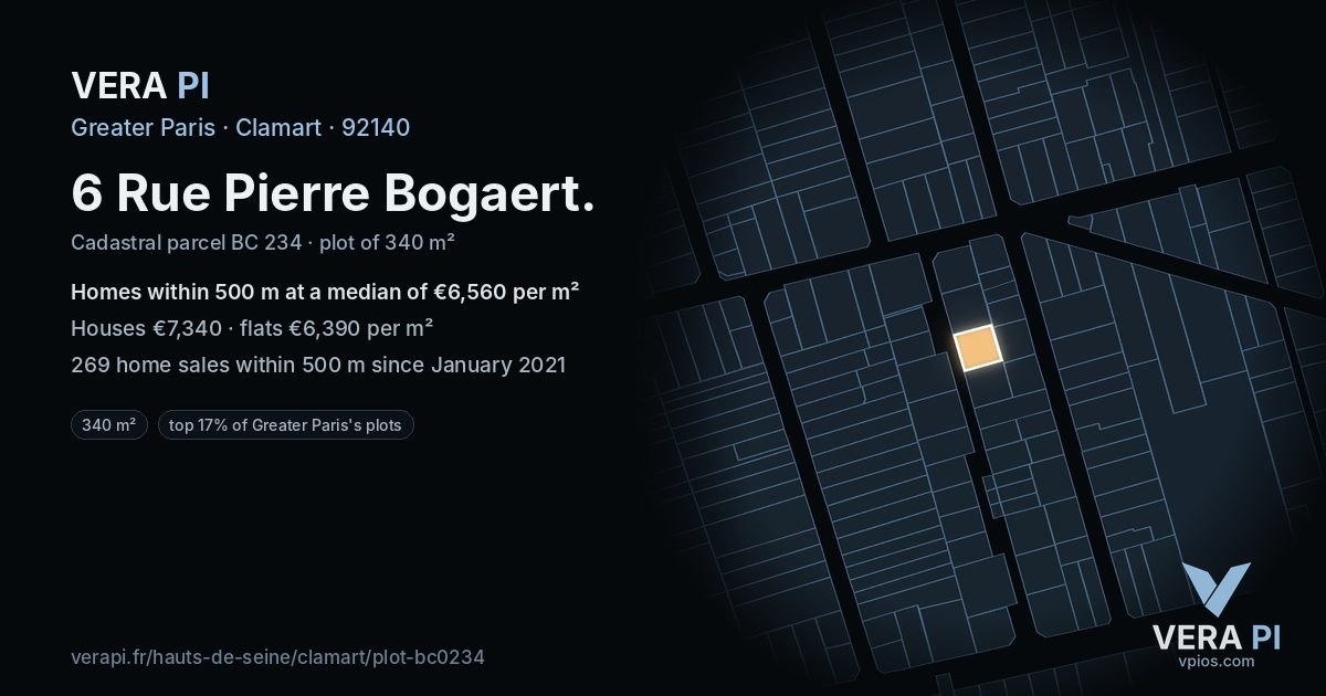 6 Rue Pierre Bogaert, Clamart at night – the plot lit, the parcels around coloured by the prices near them