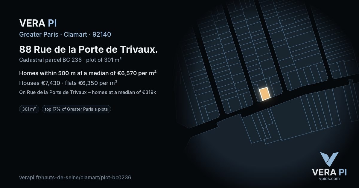 88 Rue de la Porte de Trivaux, Clamart at night – the plot lit, the parcels around coloured by the prices near them
