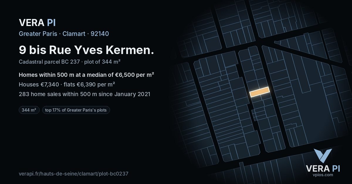 9 bis Rue Yves Kermen, Clamart at night – the plot lit, the parcels around coloured by the prices near them